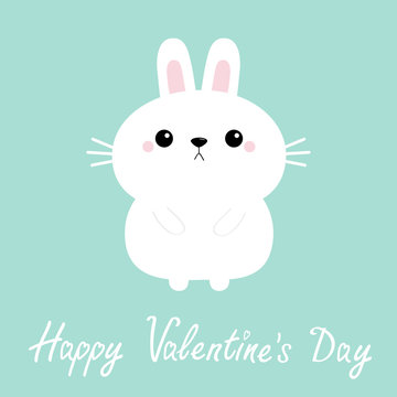 Happy Valentines Day. White bunny rabbit hare icon. Funny head face. Cute kawaii cartoon round character. Pink cheeks. Baby greeting card template. Blue background. Isolated. Flat design.