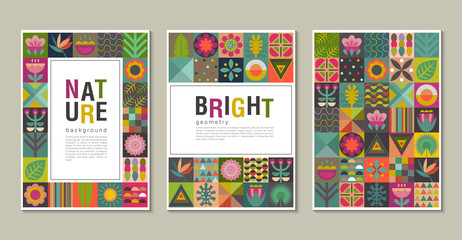 Vector collection of trendy creative cards with patchwork mosaic design. Geometric square cartoon jungle plants