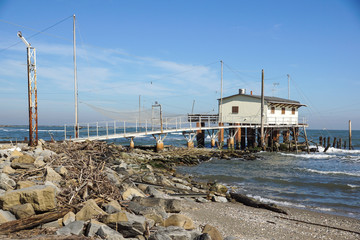 Ancient fishing machine called Trabucco trebuchet , typical of the Italian Adriatic coast, Puglia...