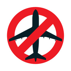 Flights ban symbol. Airplane in red prohibition vector sign. Stop flight sign. Part of set. 