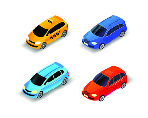 Vector cars isometric illustration, different cars isolated on white background, color car illustration, blue, yellow, red,cyan