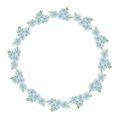 Forget-me-nots. Round frame on white.Watercolor illustration with place for text, can be used creating card, menu or invitation card.