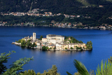 Fototapeta premium Orta San Giulio (NO), Italy - September 02, 2019: Landscape of San Giulio Island on Lake Orta, Novara, Piedmont, Italy