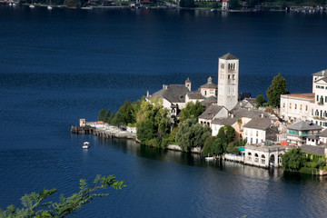 Orta San Giulio (NO), Italy - September 02, 2019: Landscape of San Giulio Island on Lake Orta,...