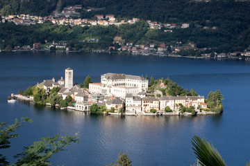 Orta San Giulio (NO), Italy - September 02, 2019: Landscape of San Giulio Island on Lake Orta,...