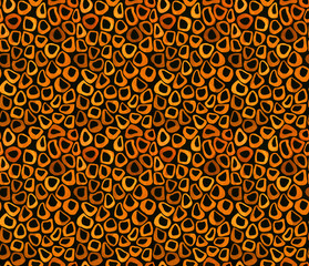 African colors - seamless pattern of abstract shapes  of orange and yellow on black - hand drawn texture  - pebbles, circles, chaotic fabric print, wrapping design