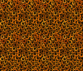 African colors - seamless pattern of abstract shapes  of orange and yellow on black - hand drawn texture  - pebbles, circles, chaotic fabric print, wrapping design