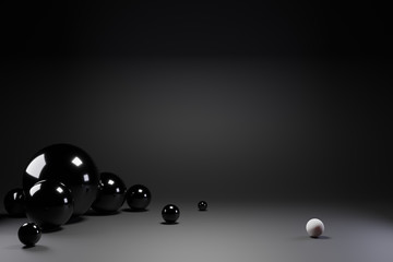 Black abstract 3d render background. Computer generated minimalistic background with geometric shape balls, white sphere. Modern design for poster cover branding banner placard.