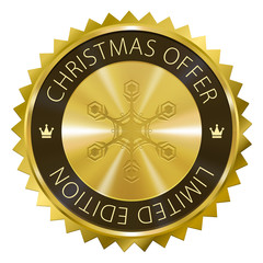 Christmas Offer Limited Edition gold label with snowflake symbol icon isolated on white background. Happy New Year, Merry Xmas.