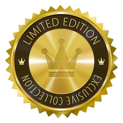 Limited Edition Exclusive Collection gold label with crown symbol icon isolated on white background. Goods, clothing, electronics, cosmetics.
