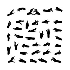 Trendy vector hands in linear style. Minimalism. Black full hands illustrations with white lines in different positions. Line and silhouette. Perfect logo for your brand, packaging, cosmetic, jewelry