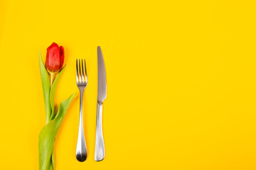 On a yellow background are a fork, a knife and a red tulip. Banner with place for text, menu, recipe, promotion or other advertising or congratulation.