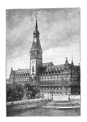 Hamburg town hall building / Antique illustration from Brockhaus Konversations-Lexikon 1908