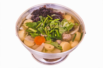 Clear soup with tofu and minced pork serves in hot pot