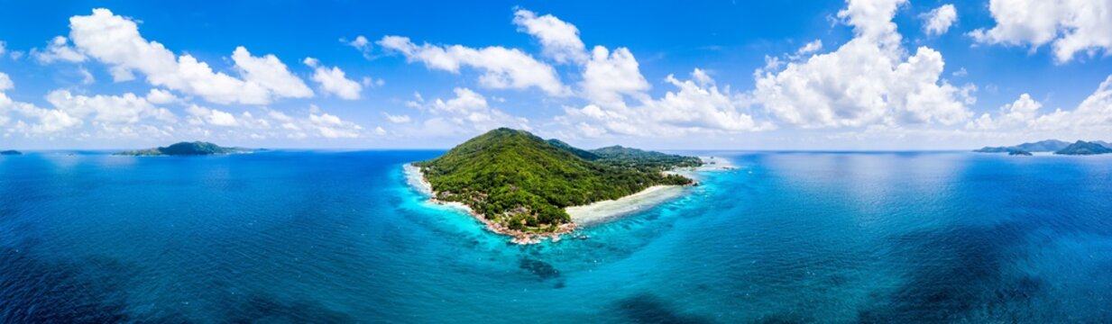 Aerial view of La Digue island in the Seychelles