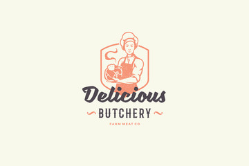 Hand drawn logo male butcher holding meat silhouette and modern vintage typography retro style vector illustration