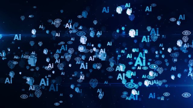 Artificial intelligence, cybernetic brain and machine learning flying symbols loopable and seamless 3d animation. Abstract concept digital background of future technology.