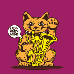 Lucky Cat Fortune Playing Tuba Trumpet Character Design