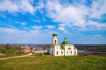 Picturesque panoramic view of Alexander Nevsky Church and medieval Khotyn fortress, Chernivtsi region. Ukraine