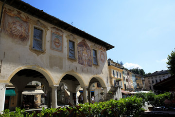 Orta San Giulio (NO), Italy - September 02, 2019: Palazzo della Comunita in  Piazza Motta, Orta, Novara, Piedmont, Italy