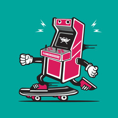 Retro Vintage Gamer Game Arcade Skateboarding Character Design
