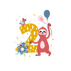 Birthday anniversary number with cute sloth © rosypatterns