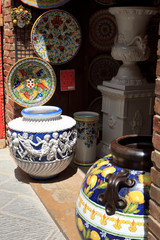 San Gimignano (SI), Italy - April 10, 2017: Ceramics in a souvenir shop, San Gimignano, Siena, Tuscany, Italy
