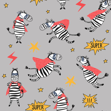 Cute seamless pattern with super zebras
