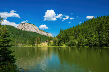 Fototapeta na wymiar Summer scenery of mountain lake Lacul Rosu or Red Lake in Eastern Carpathians, Harghita County, Romania