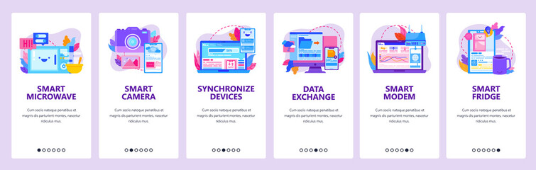 Smart home electronic and devices. Data exchange and sync technology. Mobile app onboarding screens. Menu vector banner template for website and mobile development. Web site design illustration