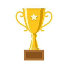 Flat style champion trophy with a star. Golden trophy, winner's Cup with handles vector illustration. Concept of the award, the prize for the first place in the competition. Bowl for successful people