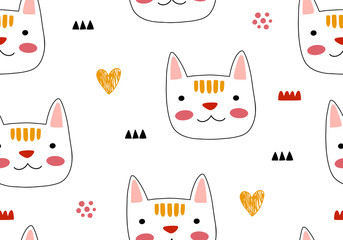 Animal seamless pattern with cat and different shapes. Abstract baby background illustration.