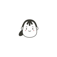 Comic Face avatar. Male or Female. Stylish Haircut. Minimalistic Icon. Black and white outline Vector illustration. Head with wide chin. Isolated on white. Cartoon Asian style. Simple cute design. 