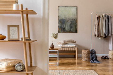 Modern composition of living room with design chaise longue, coffe table, paintings, rattan...