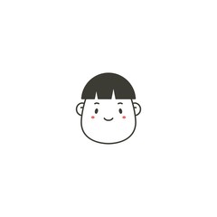 Comic Face avatar. Male or Female. Stylish Haircut. Minimalistic Icon. Black and white outline Vector illustration. Head with wide chin. Isolated on white. Cartoon Asian style. Simple cute design. 