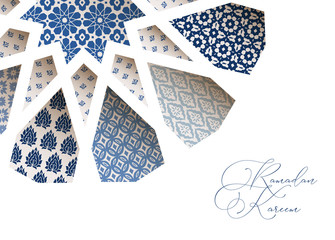 Close-up of blue ornamental Morroccan tiles through white arab star shape pattern. Greeting card, invitation for Muslim holiday Ramadan Kareem. Vector illustration bacground, web banner, modern design
