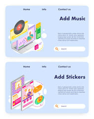 Music karaoke. Vinyl disk. Girl uses stockers and smiles in online video chat. Vector web site design template. Landing page website concept illustration.
