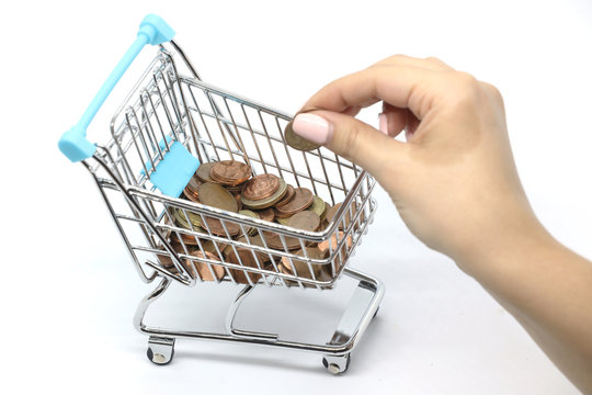 Blue Shopping Cart With Money Isolated On A White Background