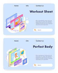 Body health control indicators. Workout and fitness program. Healthy lifestyle, wellness, health analysis. Vector web site design template. Landing page website concept illustration.