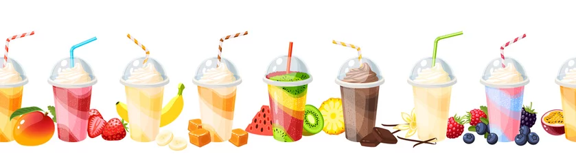 Fotobehang Seamless colorful fruit milkshake set design. Vector illustration cartoon flat icon collection isolated on white. © mything