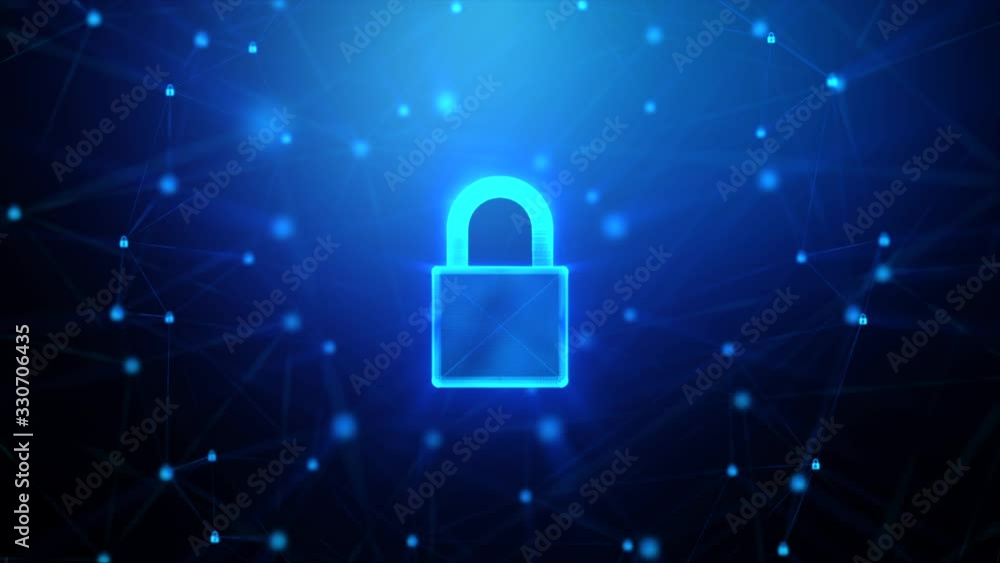 Poster 3d rendering lock icon with random 0 1 binary digit number and connection chain background, for digi