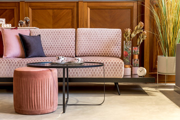 Stylish interior of living room with design pink velvet sofa, elegant pouf, coffee table, plants,...
