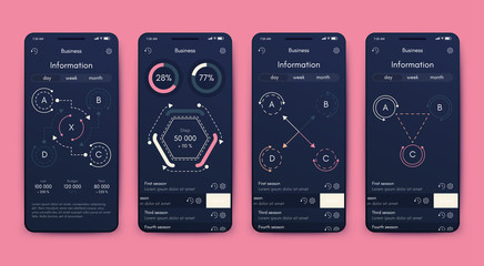 Modern infographic vector elements for business brochures. Use in website, corporate brochure, advertising and marketing. Pie charts, line graphs, bar graphs and timelines.