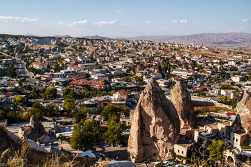 Picturesque panoramic landscape view on Goreme national park. Rose and Red valley in Goreme national park, concept of Cappadocia as touristic destination. Turkey, Asia.