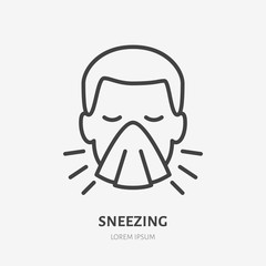 Sneezing man line icon, vector pictogram of flu or cold symptom. Man covering cough with napkin illustration, sign for medical poster