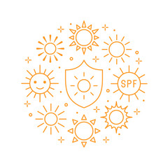 Sun circle concept with flat line icons. Sunshine, sunny weather round poster, summer heat, skin care sunblock vector illustrations. Outline signs for uv protection brochure