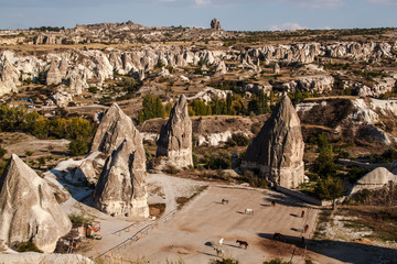 Picturesque panoramic landscape view on Goreme national park. Rose and Red valley in Goreme national park, concept of Cappadocia as touristic destination. Turkey, Asia.