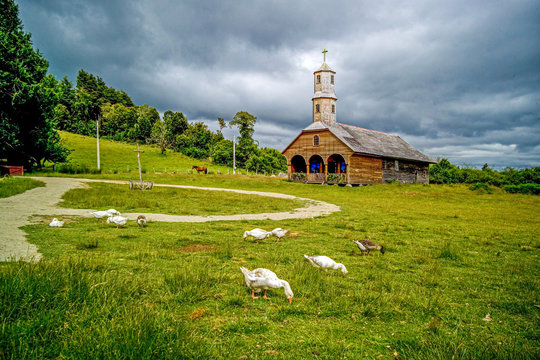 CHILE, CHILOE. The traditional church of Colo is part of the UNESCO world heritage sites "the wodden churches of Chiloe"