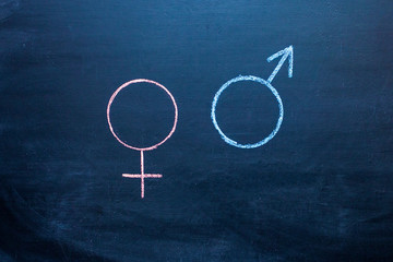 Fototapeta na wymiar Symbol of a man and a woman on a chalkboard. Drawing with chalk
