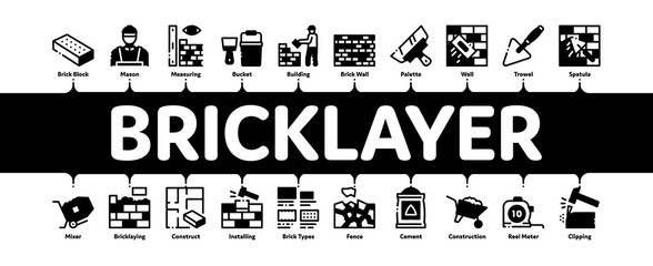 Bricklayer Industry Minimal Infographic Web Banner Vector. Professional Bricklayer Worker, Mason Layer Equipment For Construct Brick Wall Illustrations